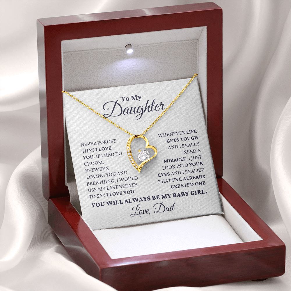 Gift for Daughter Love Dad "Never Forget That I Love You" Necklace Jewelry 18k Yellow Gold Finish Mahogany Style Luxury Box (w/LED) 