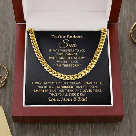 Gift for Son From Mom and Dad - "I Am The Storm" Chain Necklace Jewelry Cuban Link Chain (14K Gold Over Stainless Steel) 