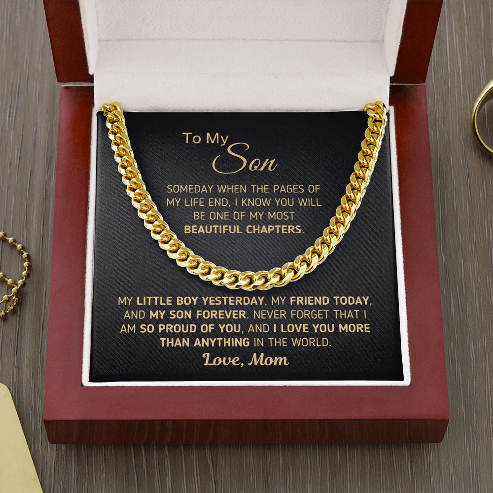 Gift for Son - "Beautiful Chapters" Chain Necklace Jewelry Cuban Link Chain (14K Gold Over Stainless Steel)