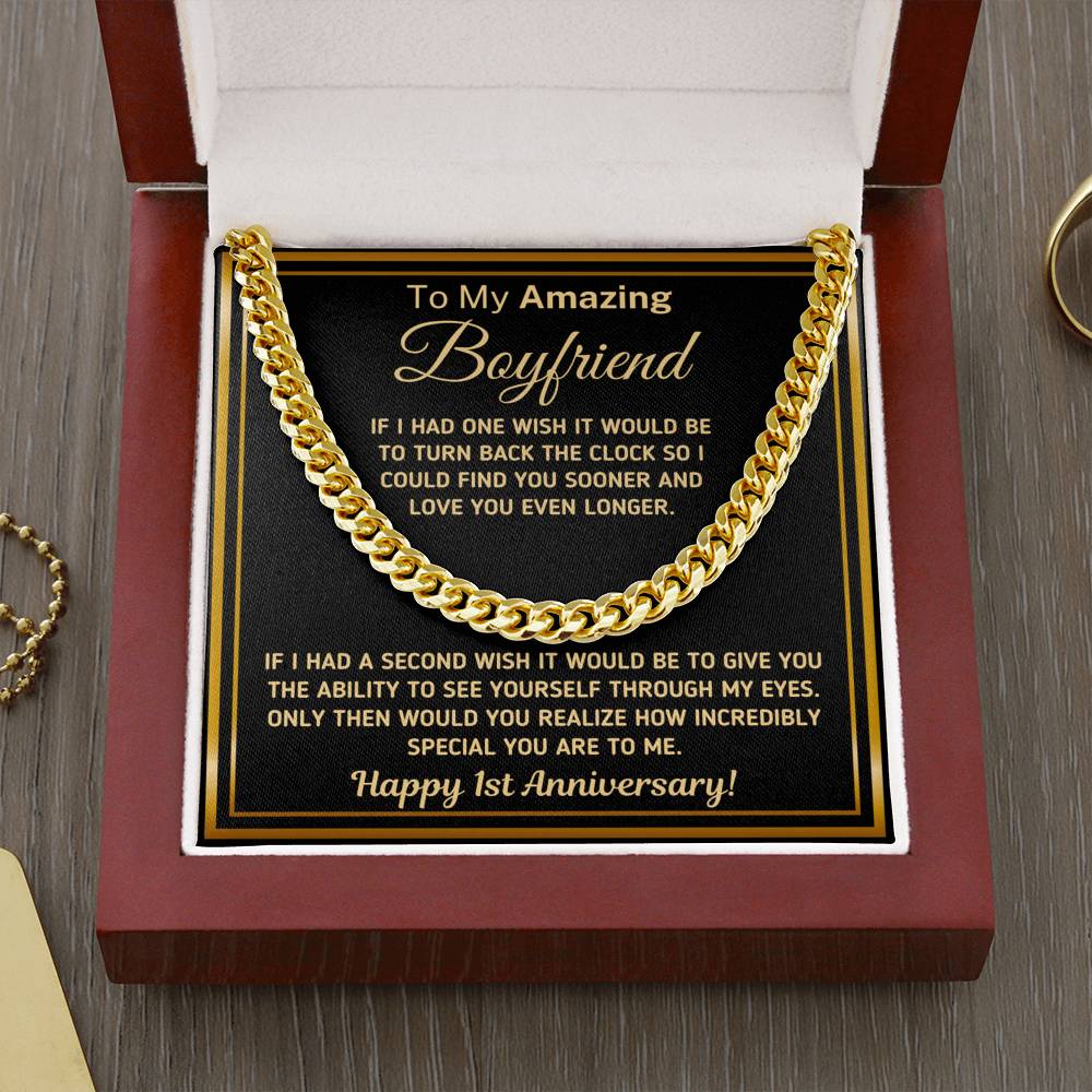 Gift for Boyfriend - "Happy 1st Anniversary" Chain Necklace Jewelry Cuban Link Chain (14K Gold Over Stainless Steel)