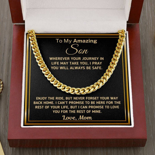 Gift for Son - "Wherever Your Journey May Take You - Love Mom" Chain Necklace Jewelry Cuban Link Chain (14K Gold Over Stainless Steel)
