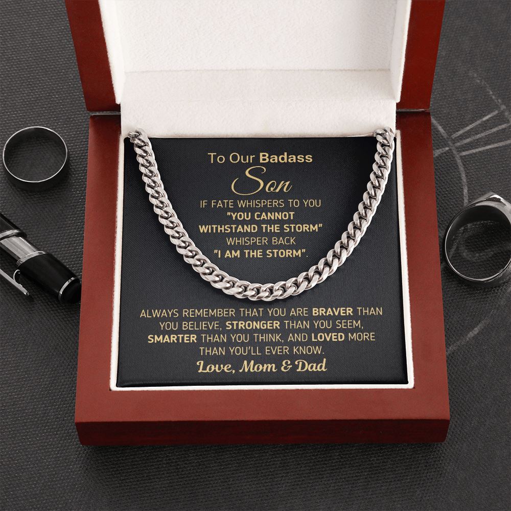 Gift for Son From Mom and Dad - "I Am The Storm" Chain Necklace Jewelry Cuban Link Chain (Stainless Steel)