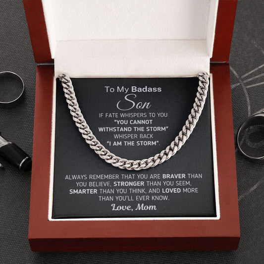 Gift for Son From Mom "I Am The Storm" Chain Necklace Jewelry Cuban Link Chain (Stainless Steel)