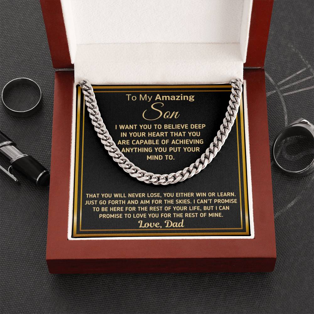 Gift For Son - "You Are Capable of Achieving Anything" Love Dad Chain Necklace Jewelry Cuban Link Chain (Stainless Steel)