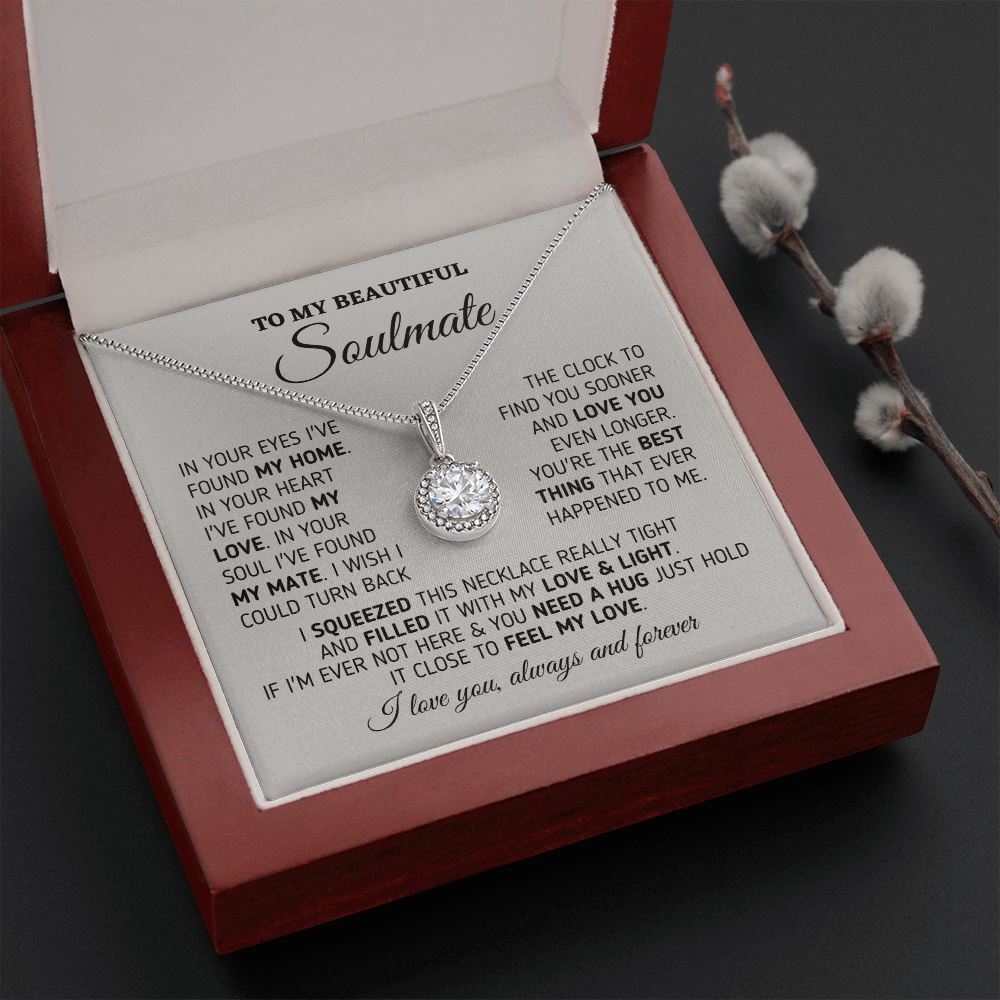 Gift for Soulmate "My Home, My Love, My Mate" Necklace Jewelry Mahogany Style Luxury Box (w/LED)