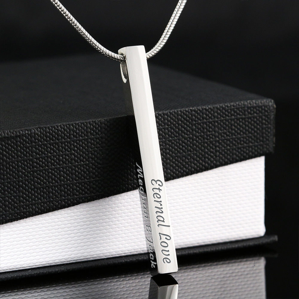 Personalized Engravable Stainless Steel or Gold Vertical Bar Necklace Jewelry Engraved 4 Sided Stick Necklace (Stainless Steel)