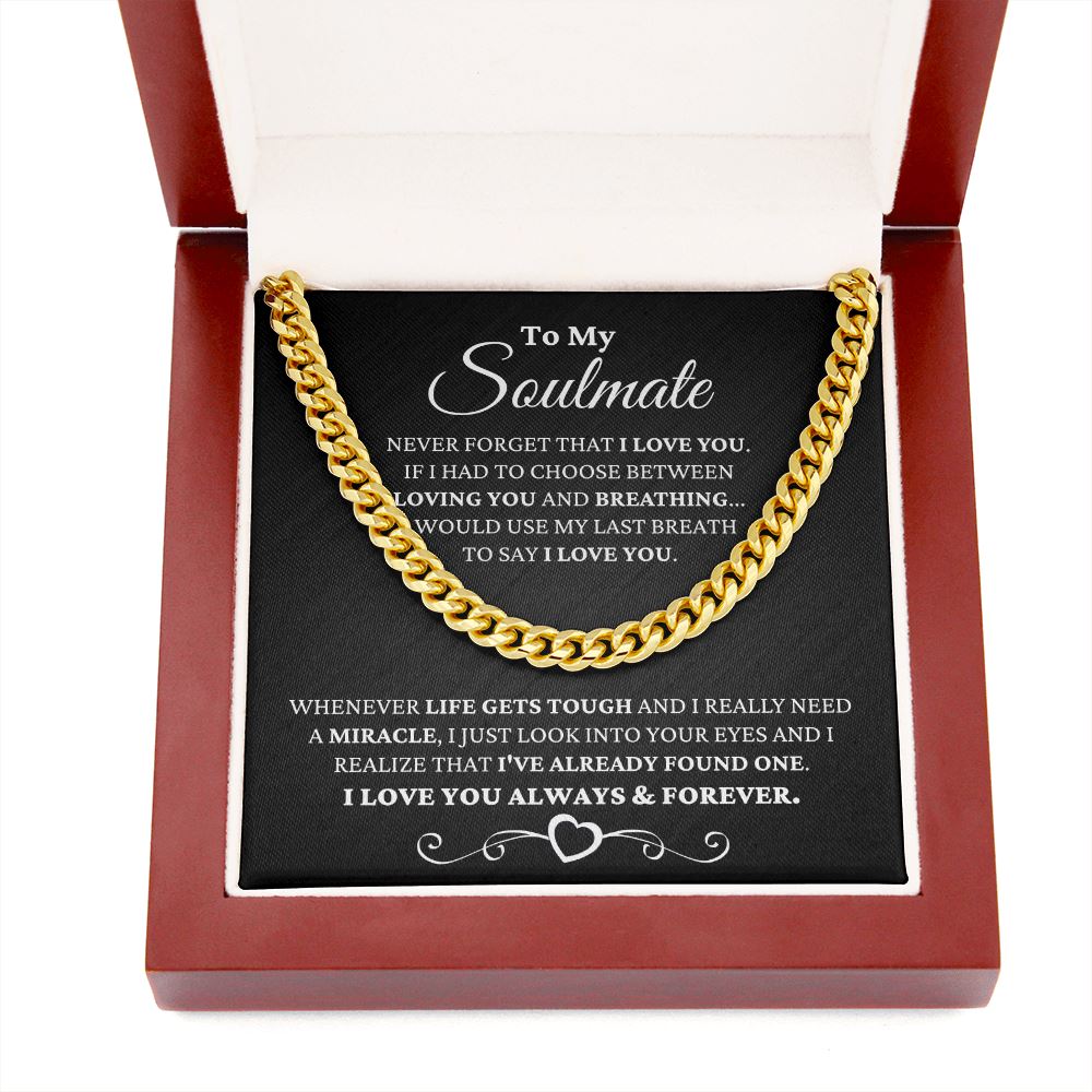 Unique Gift for Soulmate "I Just Look Into Your Eyes" Necklace For Him Jewelry 14K Gold Over Stainless Steel Cuban Link Chain Mahogany Style Luxury Box (w/LED)
