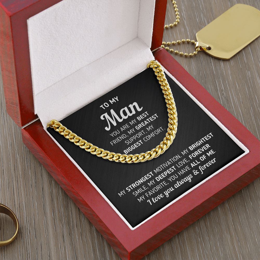 To My Man "You Are My Best Friend" Necklace Jewelry 14K Gold Over Stainless Steel Cuban Link Chain Mahogany Style Luxury Box (w/LED)