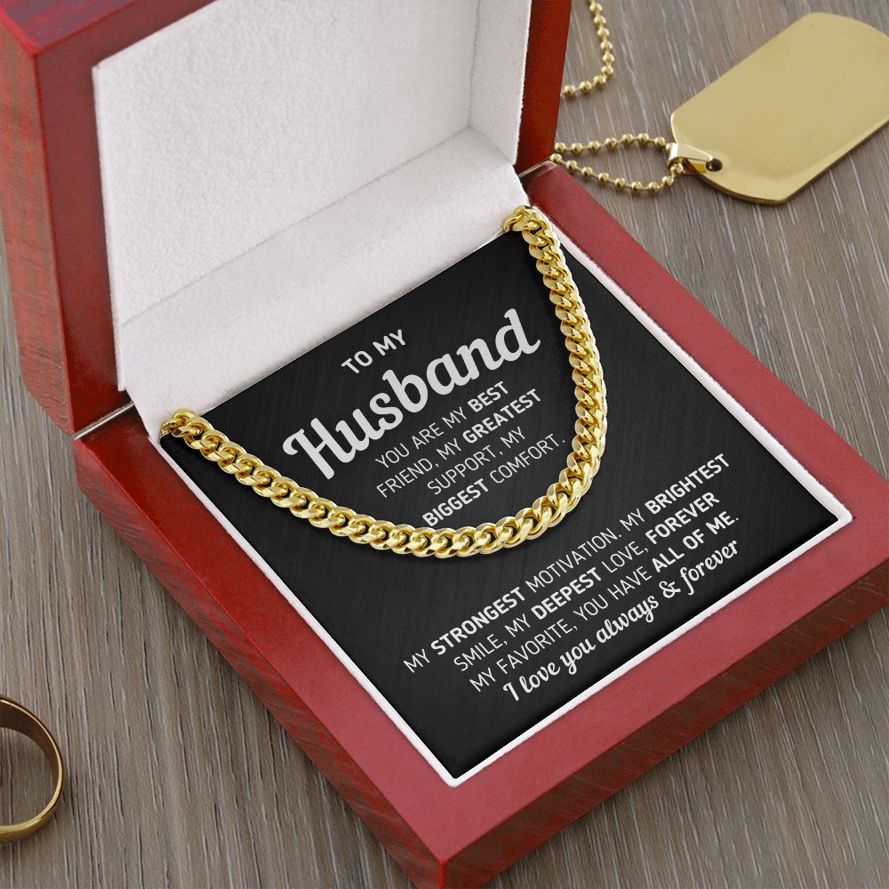 Gift For Husband "You Are My Best Friend" Necklace Jewelry 14K Gold Over Stainless Steel Cuban Link Chain Mahogany Style Luxury Box (w/LED)