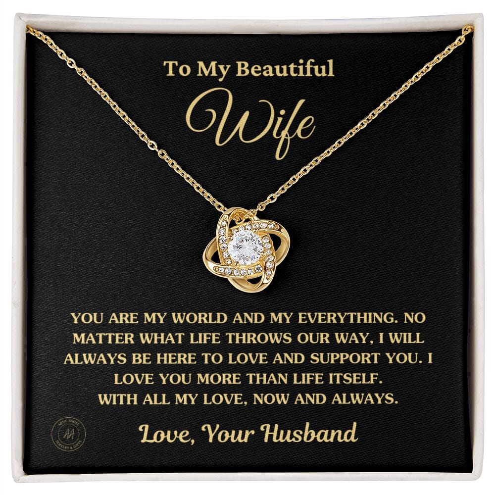 Gift For Wife "You Are My World And My Everything" Knot Necklace Jewelry 18K Yellow Gold Finish Standard Box