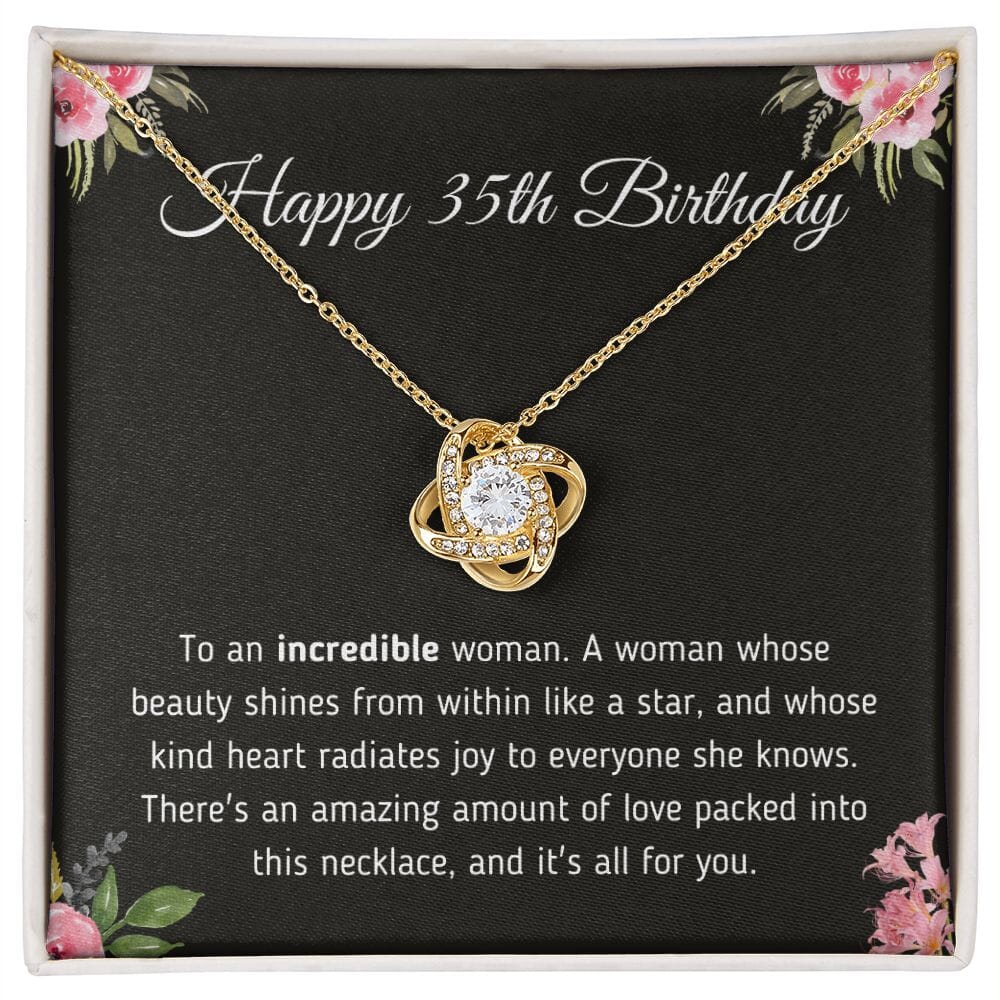 Beautiful "Happy 35th Birthday To An Incredible Woman" Knot Necklace Jewelry 18K Yellow Gold Finish Two-Toned Gift Box