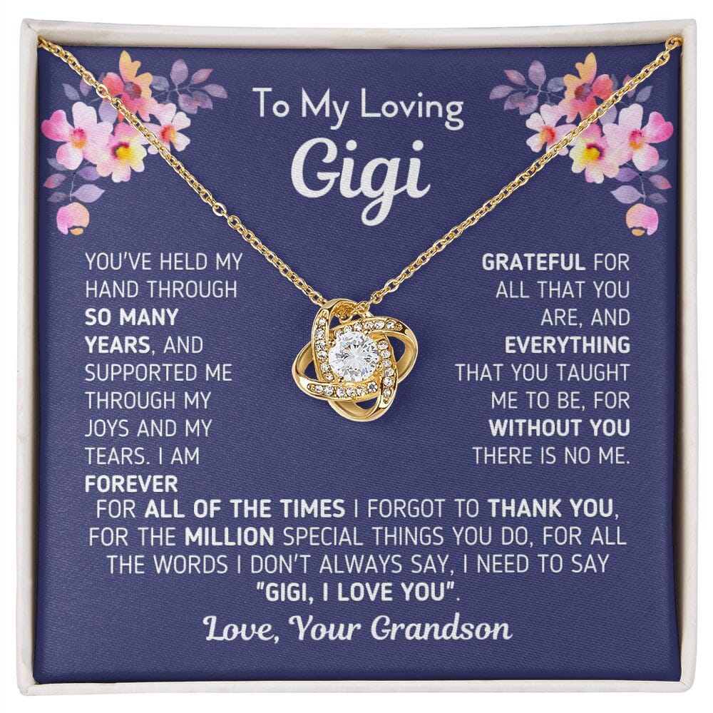 Gift for Gigi From Grandson "Without You There Is No Me" Knot Necklace Jewelry 18K Yellow Gold Finish Two-Toned Gift Box