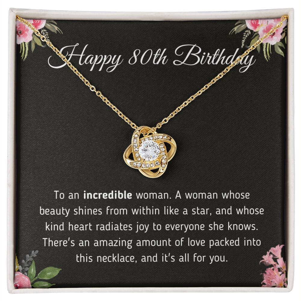Beautiful "Happy 80th Birthday To An Incredible Woman" Knot Necklace Jewelry 18K Yellow Gold Finish Two-Toned Gift Box