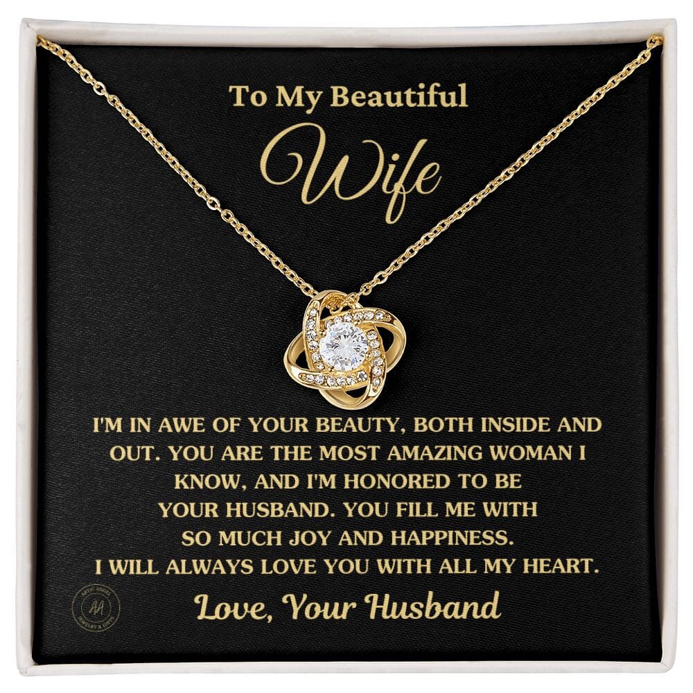 Gift For Wife "I'm In Awe Of Your Beauty" Knot Necklace Jewelry 18K Yellow Gold Finish Standard Box
