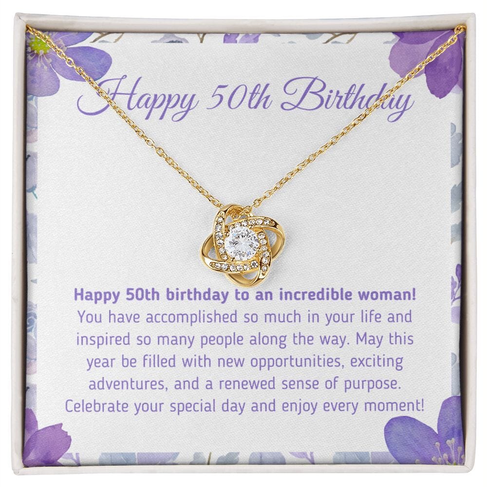 Beautiful "Happy 50th Birthday - You Have Accomplished So Much" Knot Necklace Jewelry 18K Yellow Gold Finish Two-Toned Gift Box