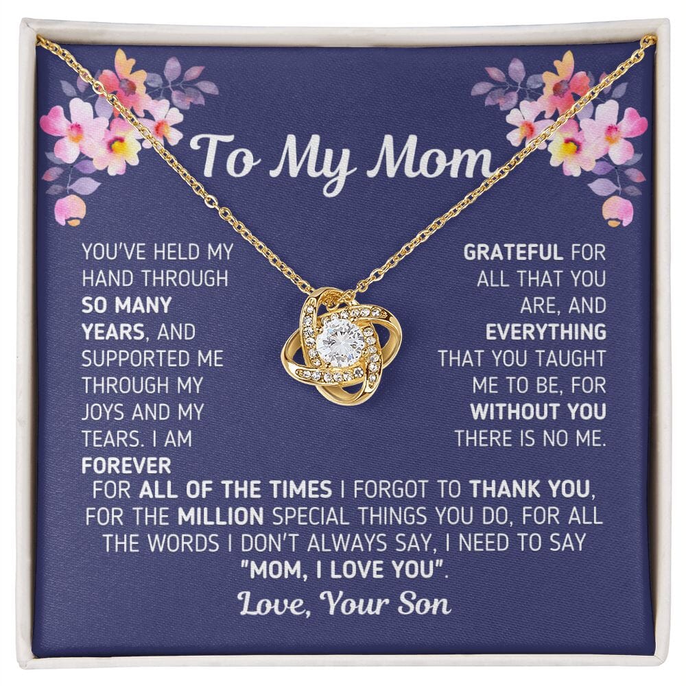 Gift for Mom From Son "Without You There Is No Me" Knot Necklace Jewelry 18K Yellow Gold Finish Two-Toned Gift Box