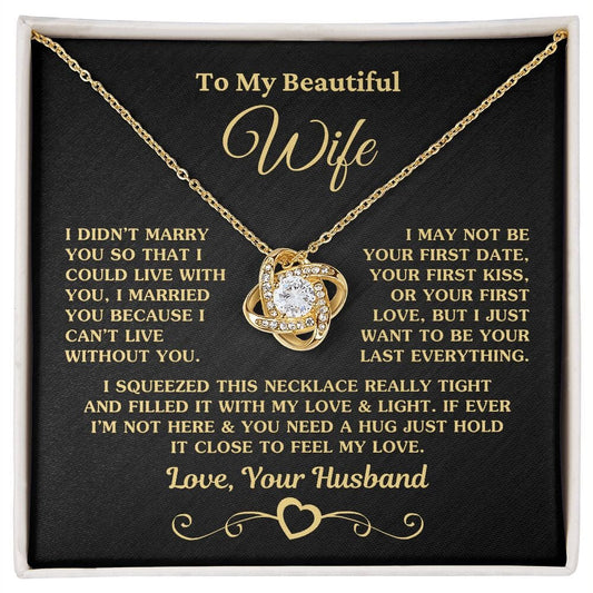 Beautiful Gift for Wife "I Can't Live Without You" Gold Knot Necklace Jewelry 18K Yellow Gold Finish Two-Toned Gift Box