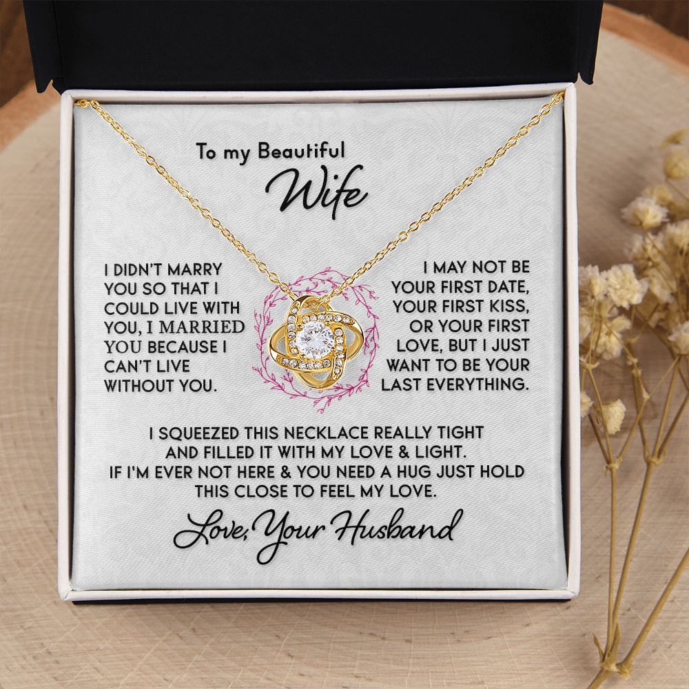 Gift for Wife "I Can't Live Without You" Gold Knot Necklace Jewelry 18K Yellow Gold Finish Two-Toned Gift Box