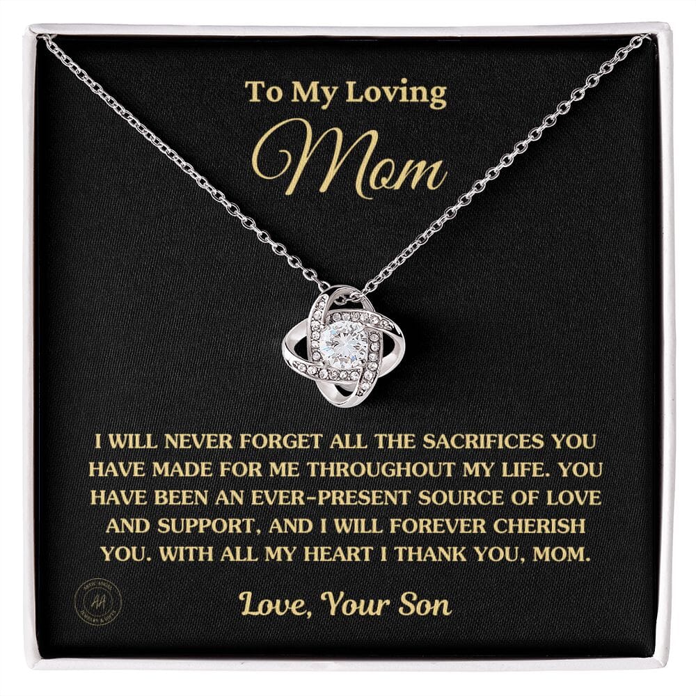 Gift for Mom From Son - "I Never Forget All The Sacrifices You Made" Necklace Jewelry 14K White Gold Finish Standard Box