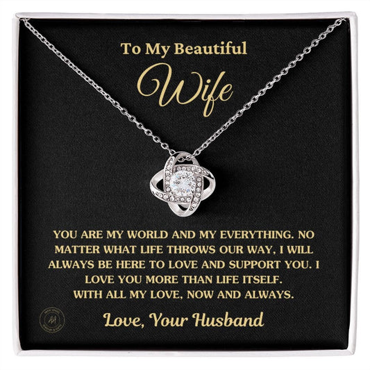 Gift For Wife "You Are My World And My Everything" Knot Necklace Jewelry 14K White Gold Finish Standard Box