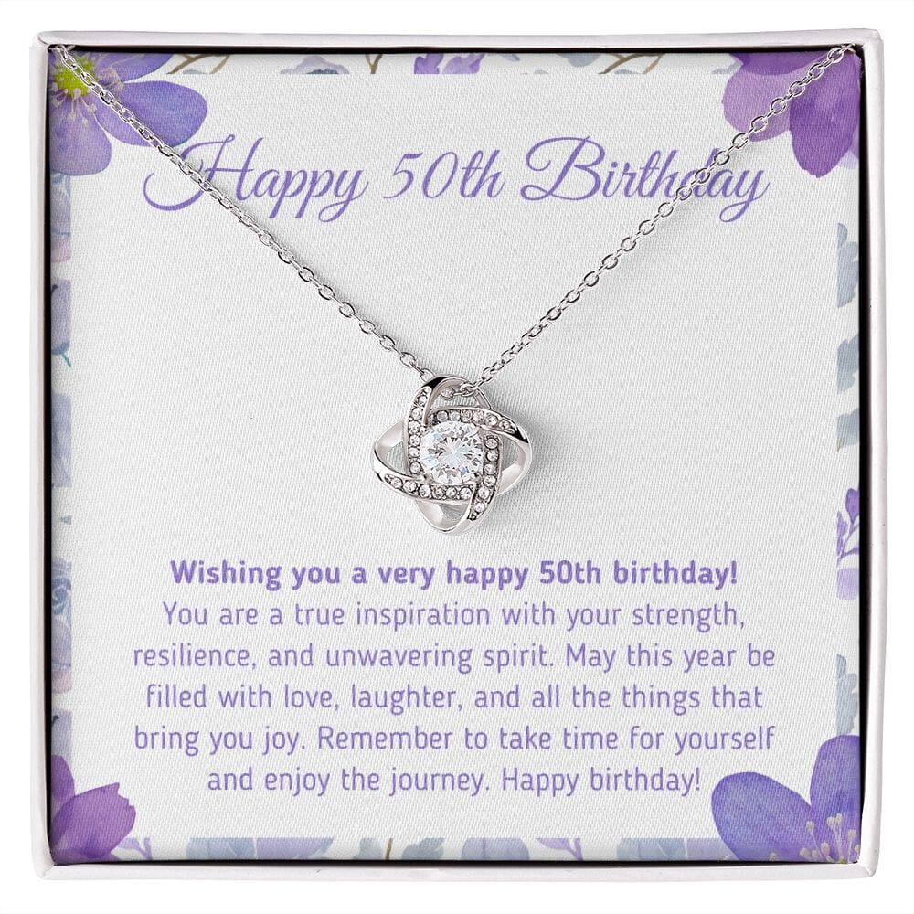 Beautiful "Happy 50th Birthday - You Are A True Inspiration" Knot Necklace Jewelry 14K White Gold Finish Two-Toned Gift Box