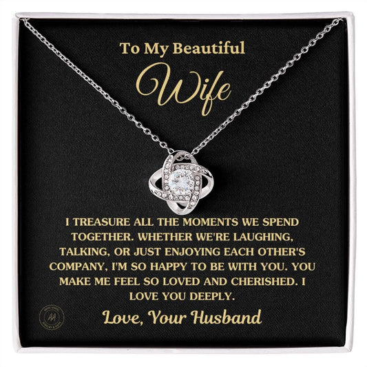 Gift For Wife "I Treasure All The Moments" Knot Necklace Jewelry 14K White Gold Finish Standard Box