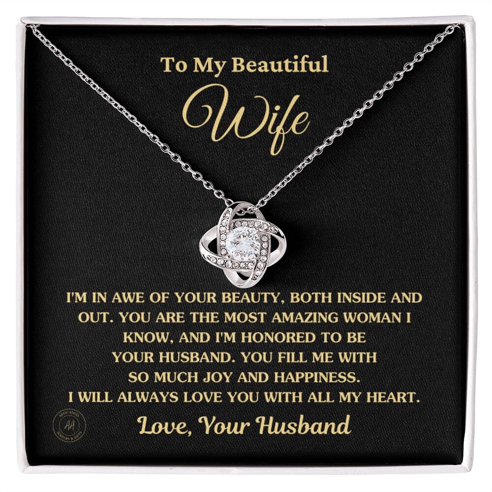 Gift For Wife "I'm In Awe Of Your Beauty" Knot Necklace Jewelry 14K White Gold Finish Standard Box
