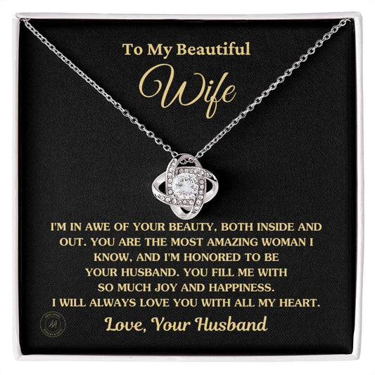 Gift For Wife "I'm In Awe Of Your Beauty" Knot Necklace Jewelry 14K White Gold Finish Standard Box