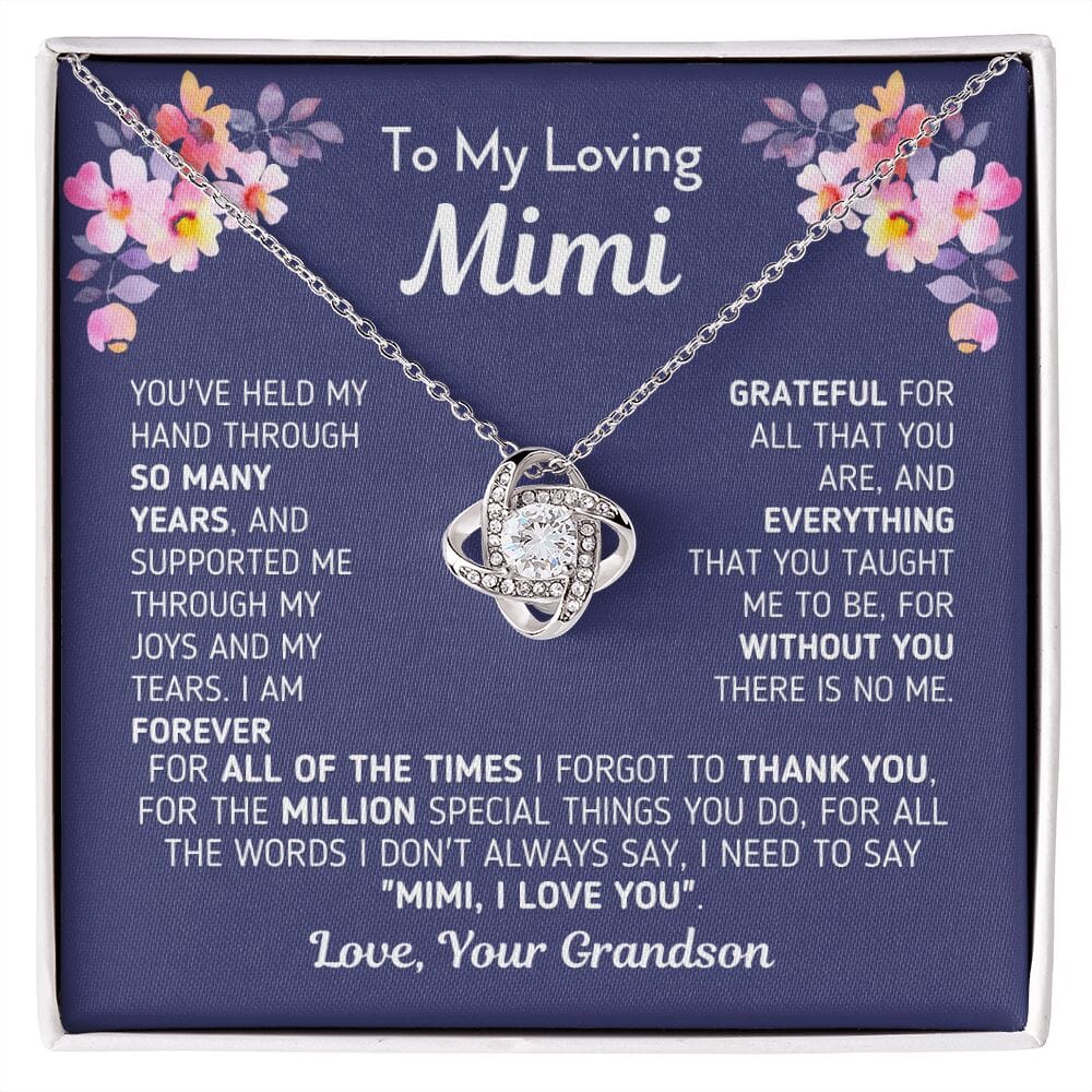 Gift for Mimi From Grandson "Without You There Is No Me" Knot Necklace Jewelry 14K White Gold Finish Two-Toned Gift Box