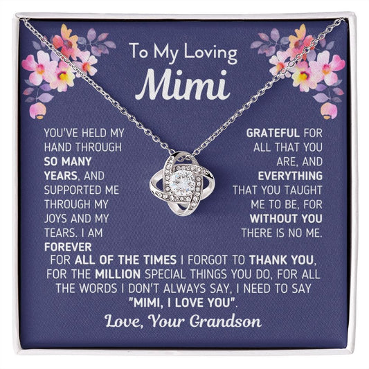 Gift for Mimi From Grandson "Without You There Is No Me" Knot Necklace Jewelry 14K White Gold Finish Two-Toned Gift Box