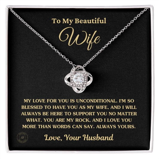Gift For Wife "My Love For You Is Unconditional" Knot Necklace Jewelry 14K White Gold Finish Standard Box