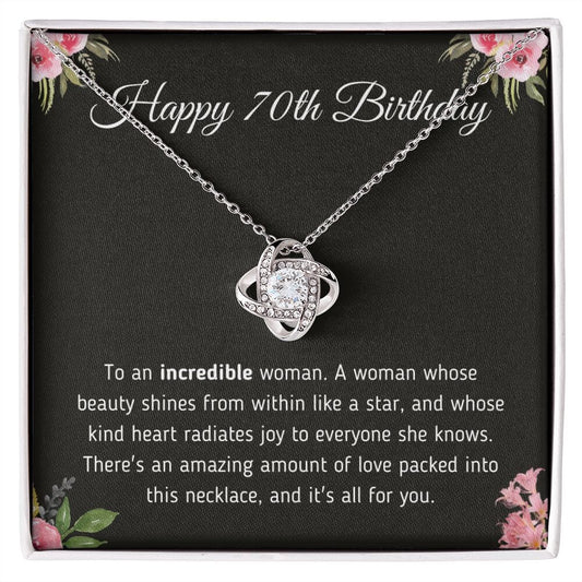 Beautiful "Happy 70th Birthday To An Incredible Woman" Knot Necklace Jewelry 14K White Gold Finish Two-Toned Gift Box