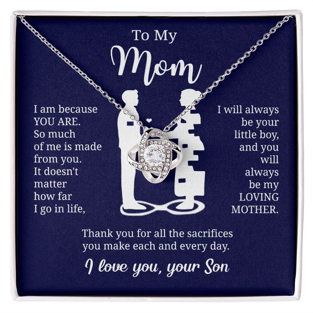 Gift For Mom From Son "I Am Because You Are" Knot Necklace Jewelry 14K White Gold Finish Two-Toned Gift Box