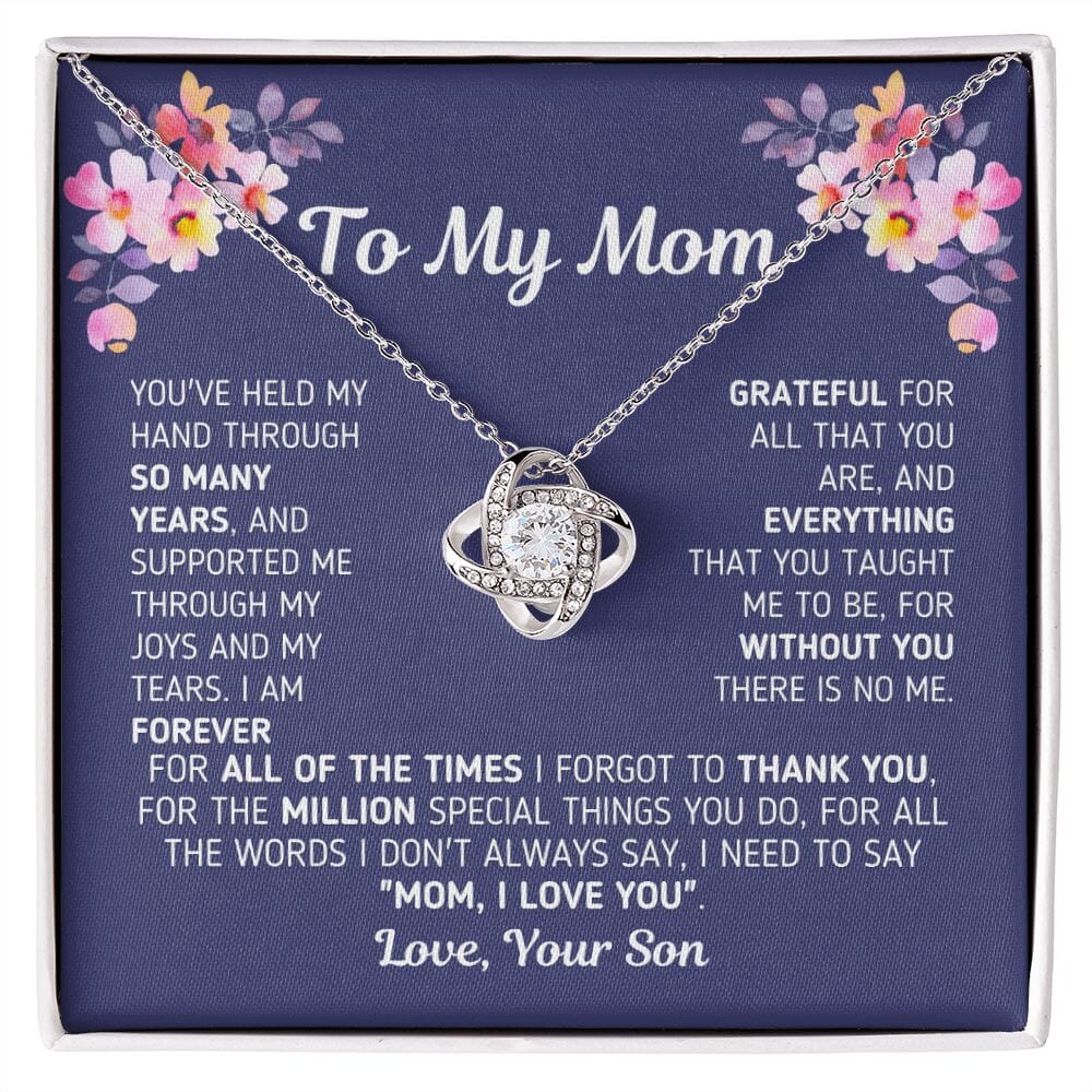 Gift for Mom From Son "Without You There Is No Me" Knot Necklace Jewelry 14K White Gold Finish Two-Toned Gift Box