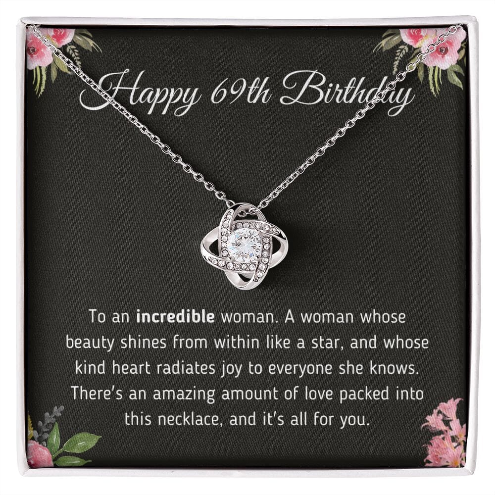 Beautiful "Happy 69th Birthday To An Incredible Woman" Knot Necklace Jewelry 14K White Gold Finish Two-Toned Gift Box