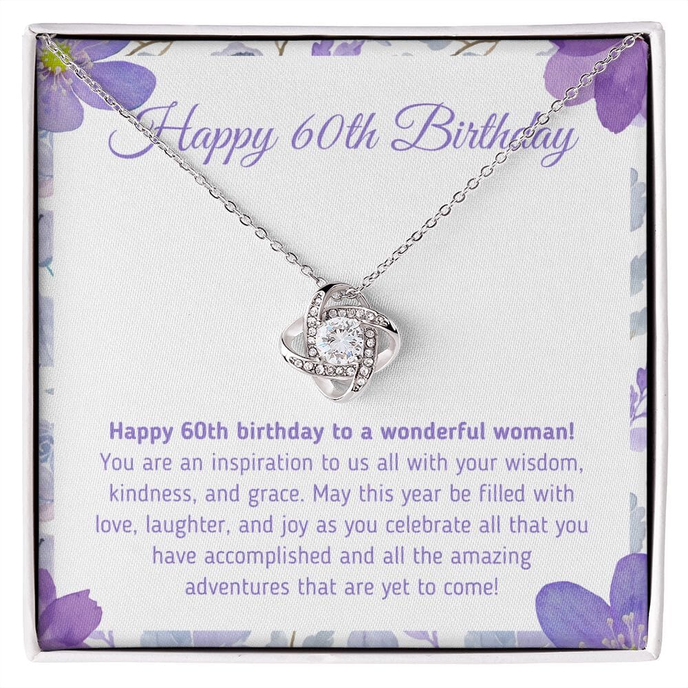 Beautiful "Happy 60th Birthday - You Are An Inspiration To Us All" Knot Necklace Jewelry 14K White Gold Finish Two-Toned Gift Box