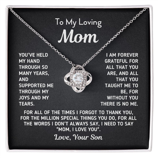 Gift for Mom From Son - "Without You There Is No Me" Gold Knot Necklace Jewelry 14K White Gold Finish Two-Toned Gift Box