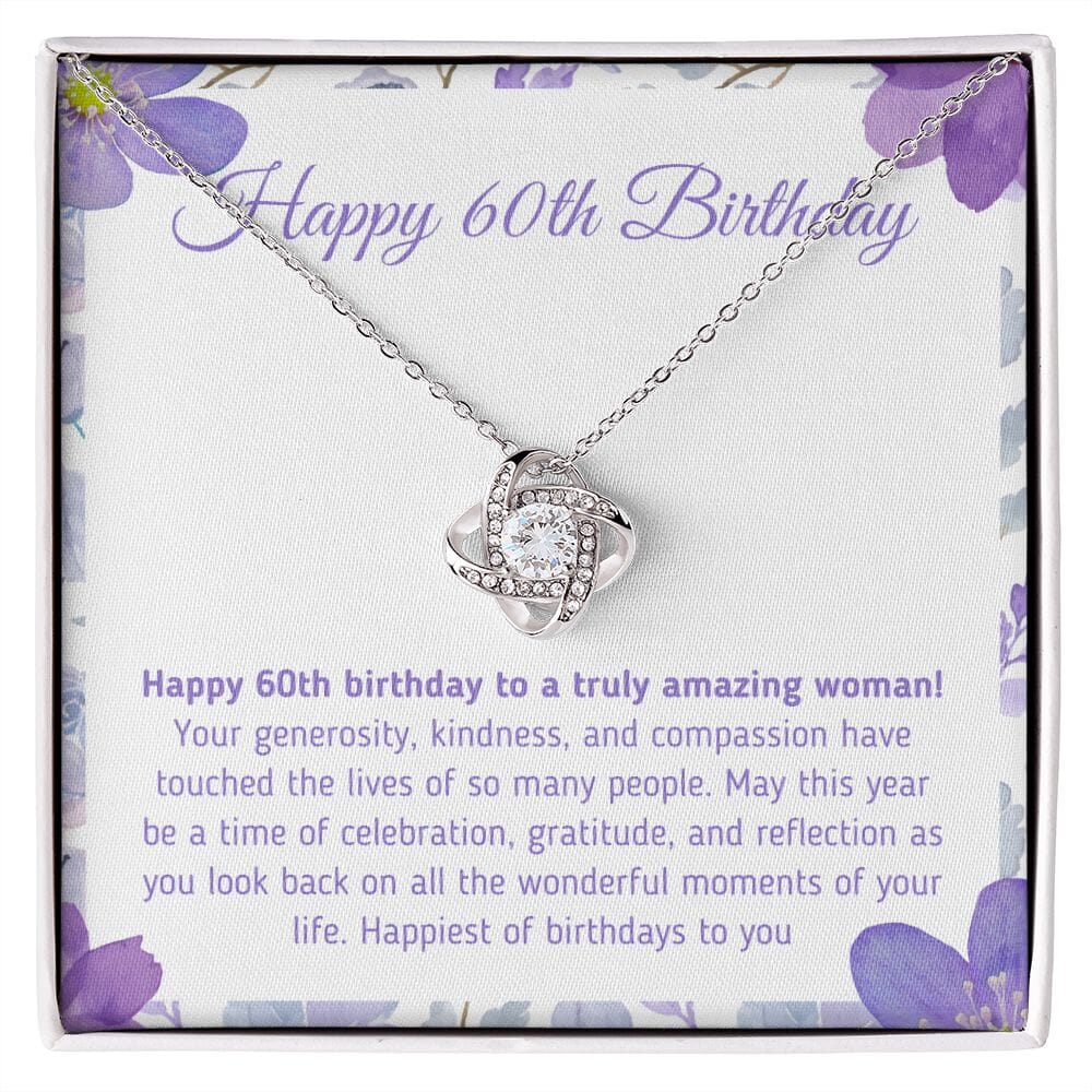 Beautiful "Happy 60th Birthday - To A Truly Amazing Woman" Knot Necklace Jewelry 14K White Gold Finish Two-Toned Gift Box