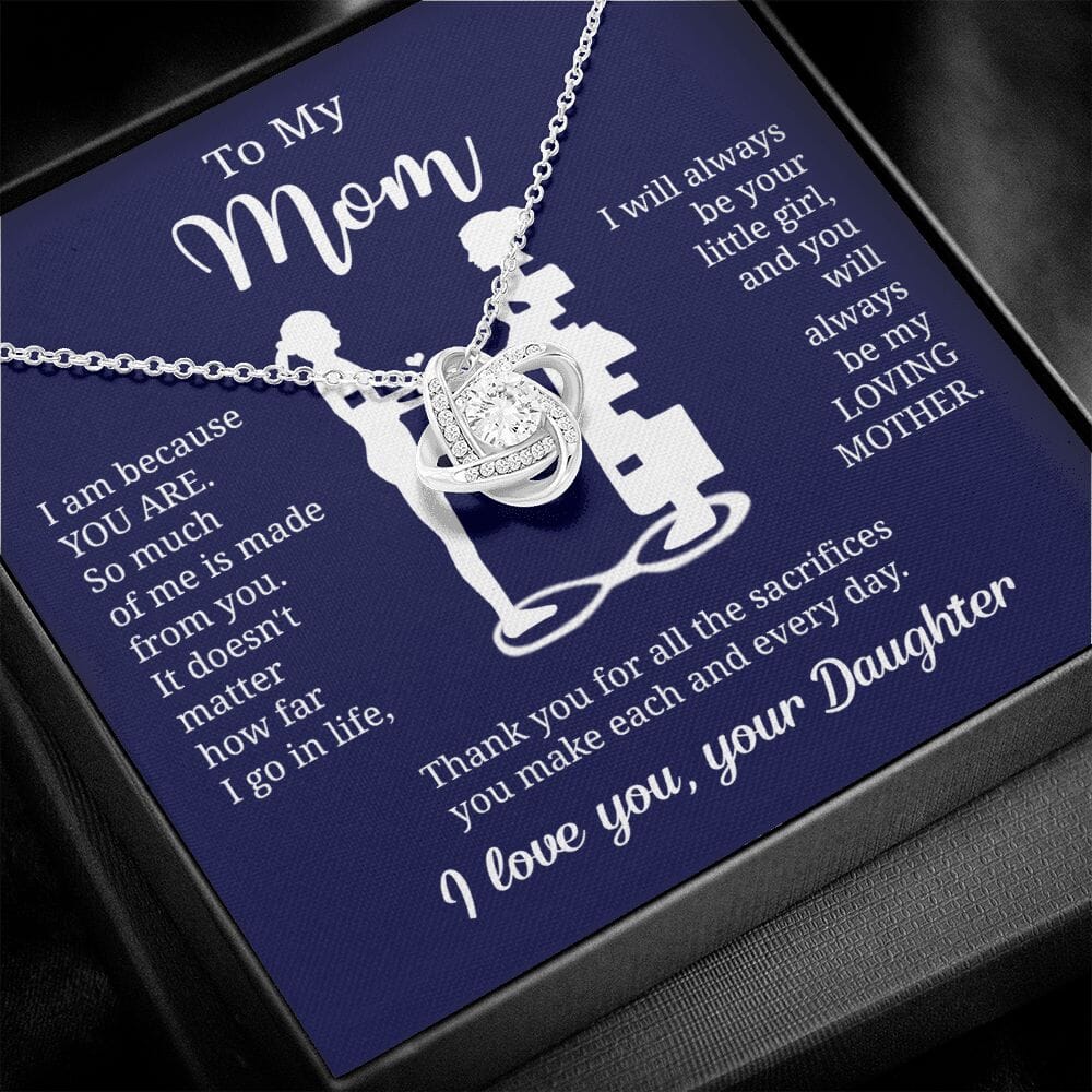 Gift For Mom From Daughter "I Am Because You Are" Knot Necklace Jewelry 14K White Gold Finish Two-Toned Gift Box