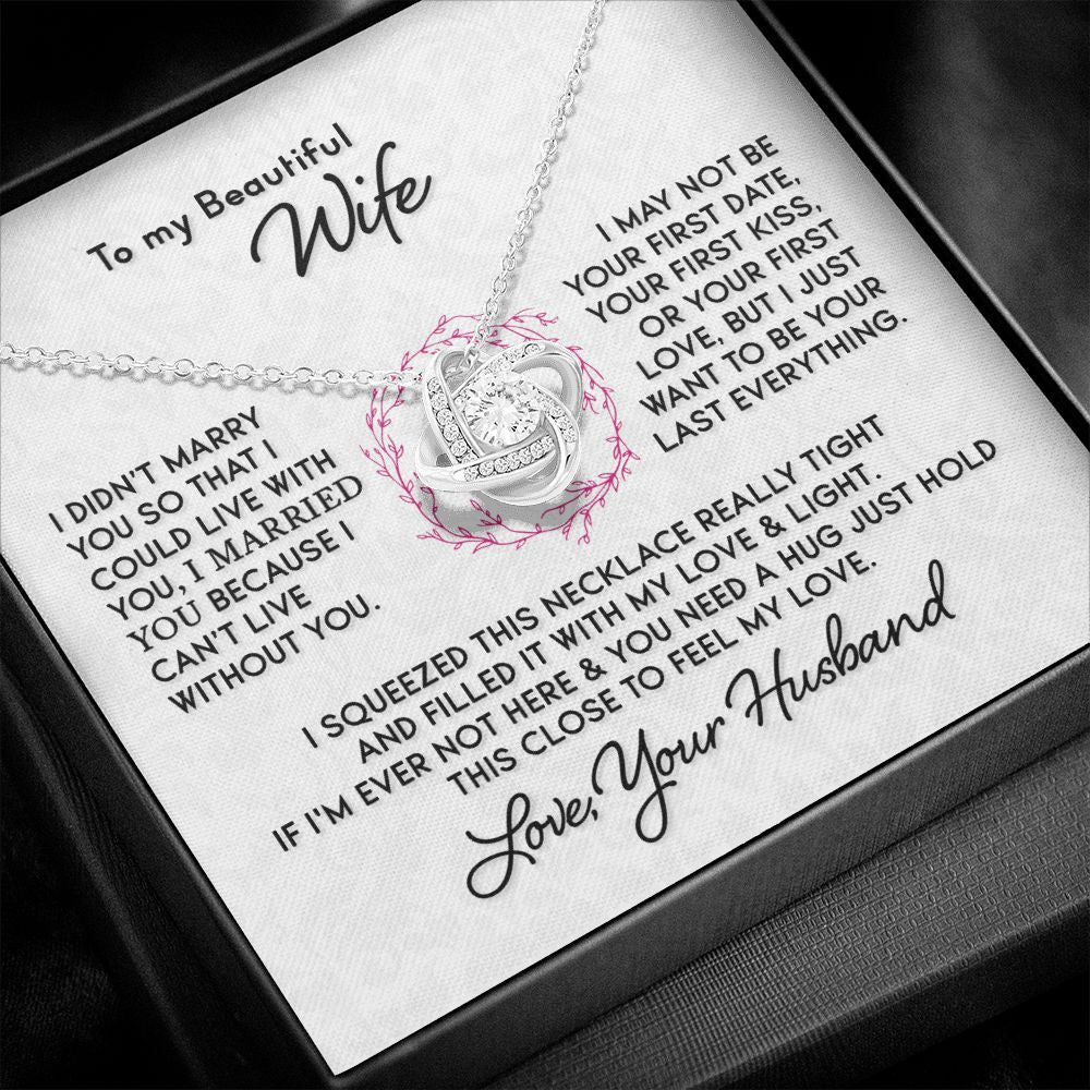 Gift for Wife "I Can't Live Without You" Gold Knot Necklace Jewelry 14K White Gold Finish Two-Toned Gift Box