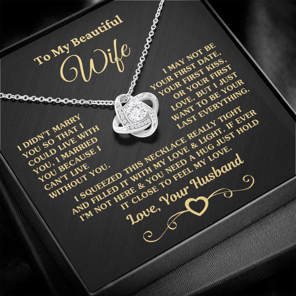 Gift for Wife "I Can't Live Without You" Gold Knot Necklace Jewelry 14K White Gold Finish Two-Toned Gift Box