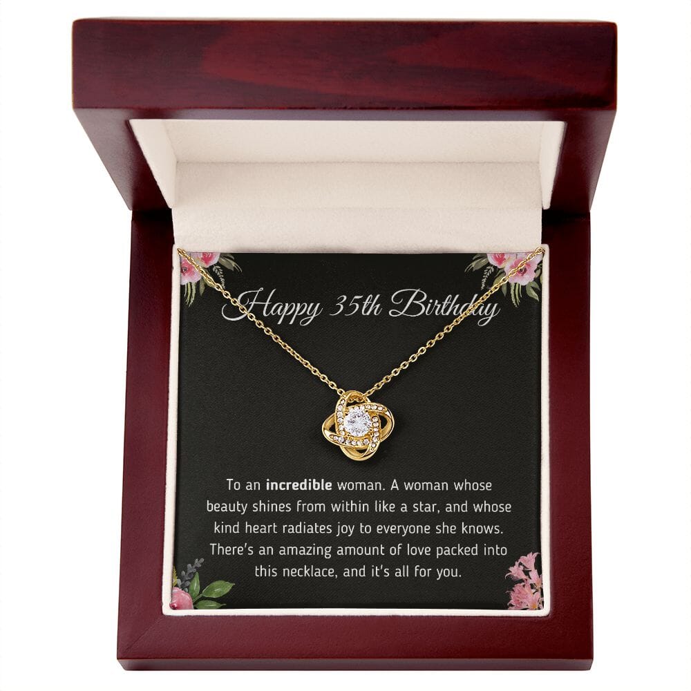 Beautiful "Happy 35th Birthday To An Incredible Woman" Knot Necklace Jewelry 18K Yellow Gold Finish Mahogany Style Luxury Box (w/LED)