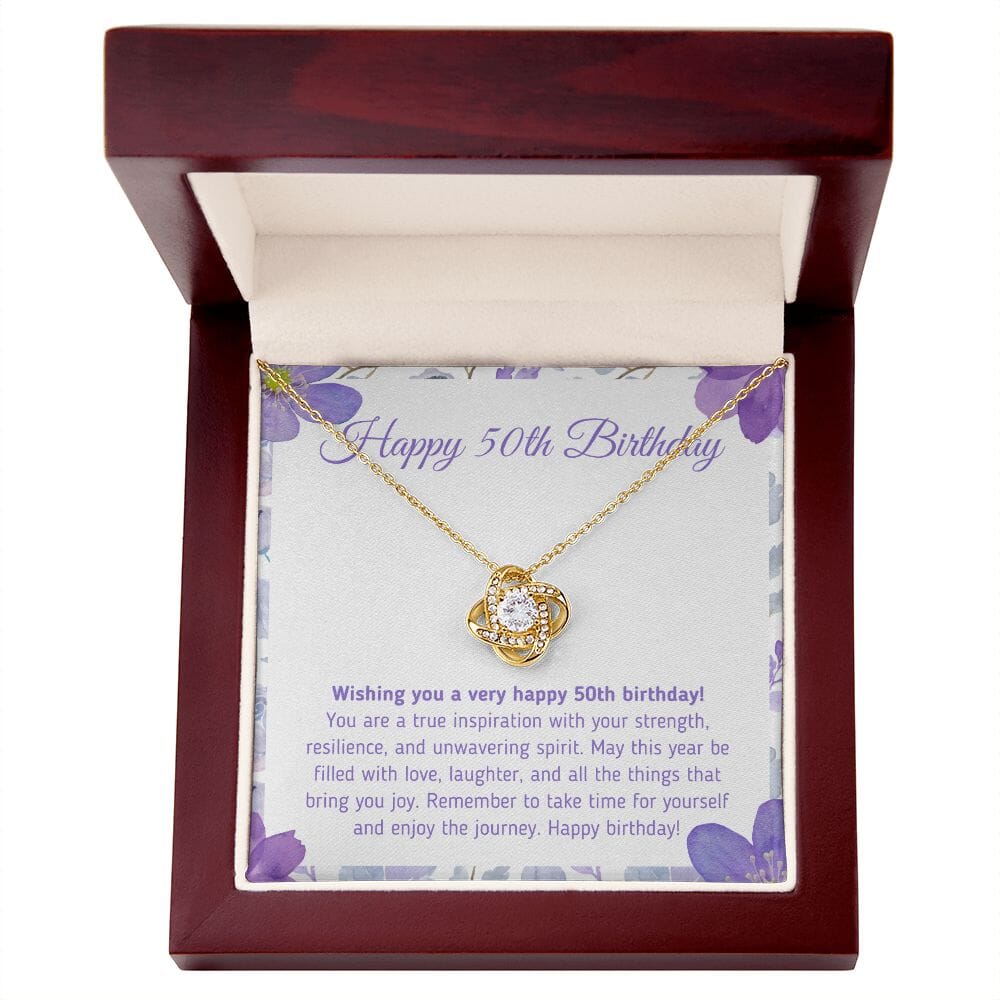 Beautiful "Happy 50th Birthday - You Are A True Inspiration" Knot Necklace Jewelry 18K Yellow Gold Finish Mahogany Style Luxury Box (w/LED)