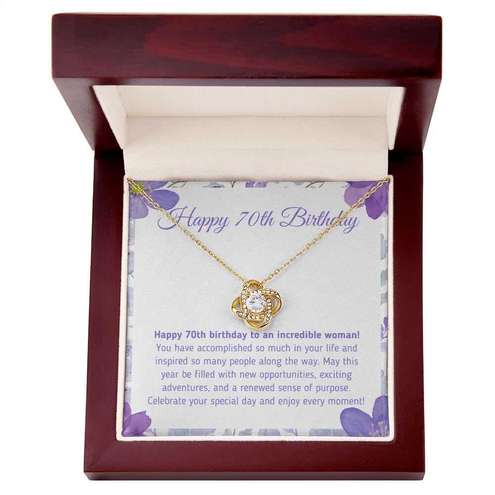 Beautiful "Happy 70th Birthday - You Have Accomplished So Much" Knot Necklace Jewelry 18K Yellow Gold Finish Mahogany Style Luxury Box (w/LED)
