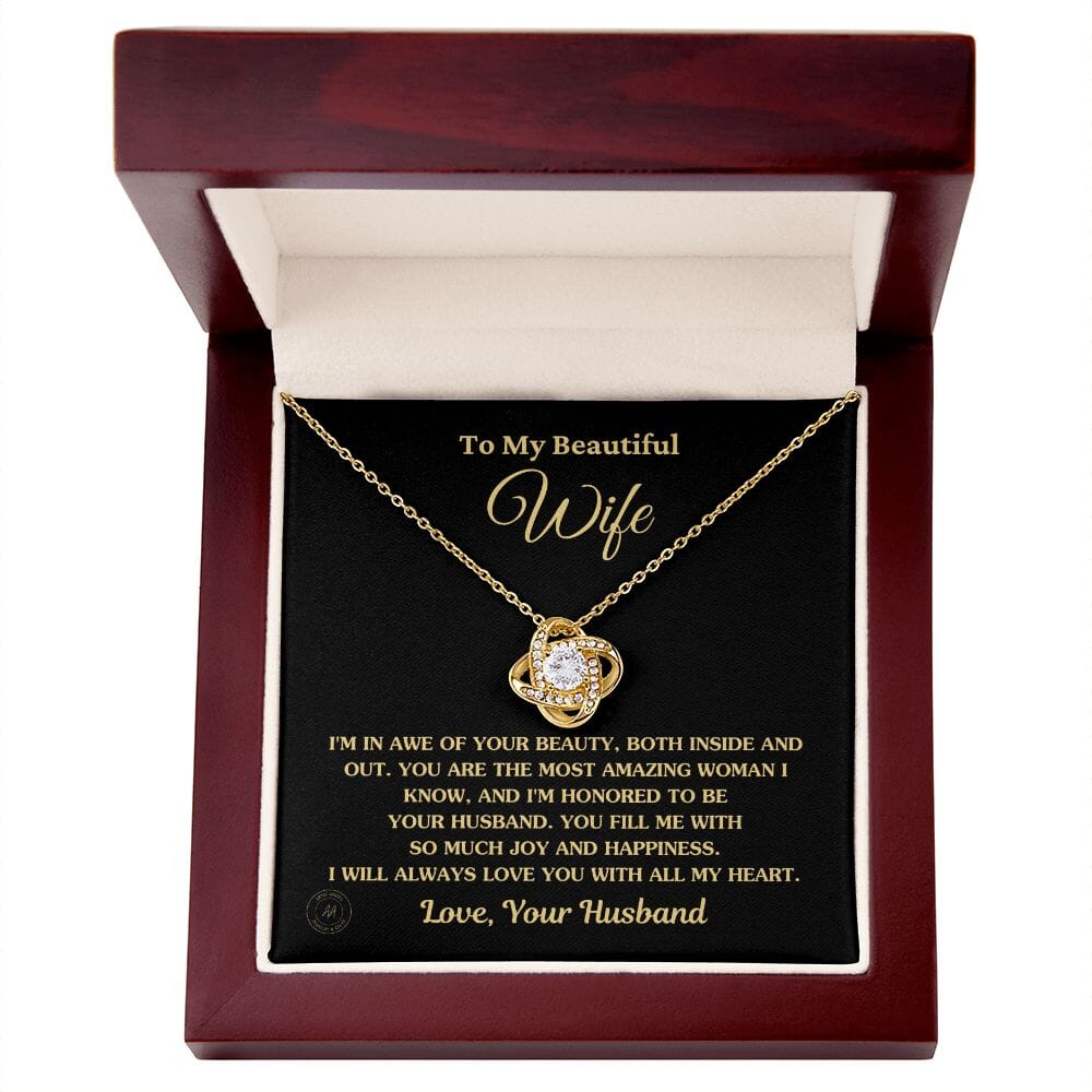 Gift For Wife "I'm In Awe Of Your Beauty" Knot Necklace Jewelry 18K Yellow Gold Finish Luxury Box