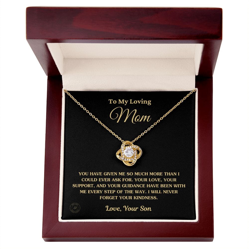 Gift for Mom From Son - "I Will Never Forget Your Kindness" Necklace Jewelry 18K Yellow Gold Finish Mahogany Style Luxury Box (w/LED)