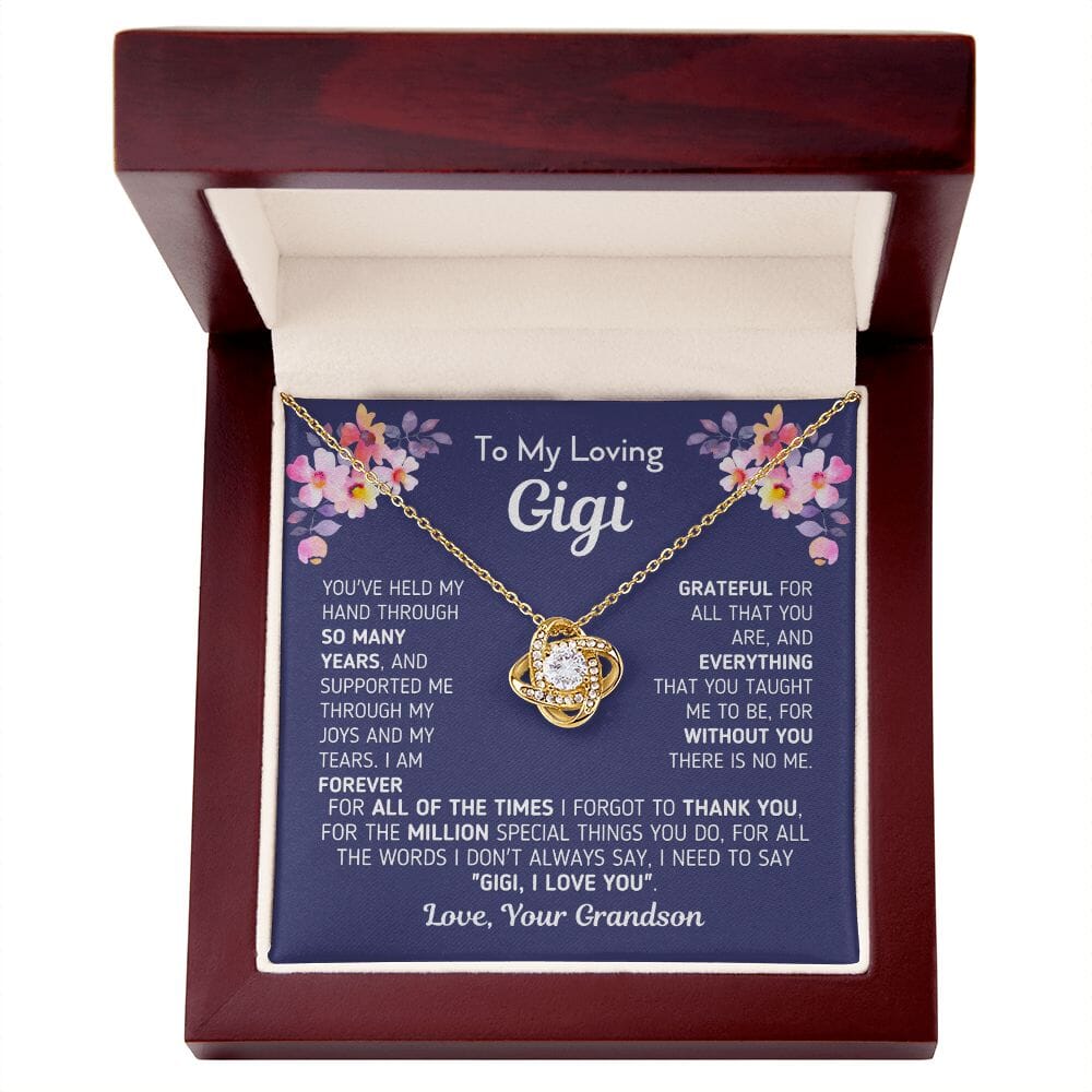Gift for Gigi From Grandson "Without You There Is No Me" Knot Necklace Jewelry 18K Yellow Gold Finish Mahogany Style Luxury Box (w/LED)