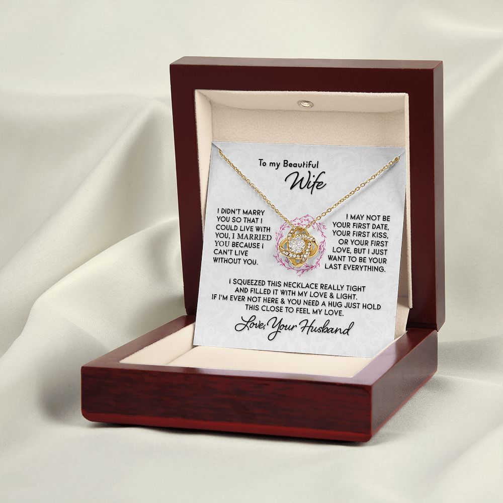 Gift for Wife "I Can't Live Without You" Gold Knot Necklace Jewelry 18K Yellow Gold Finish Mahogany Style Luxury Box (w/LED)