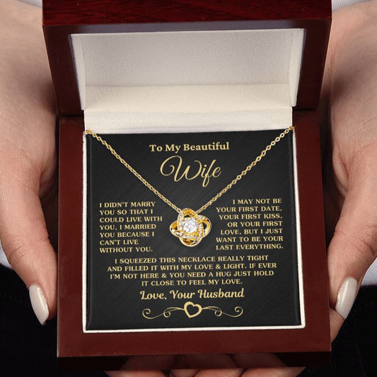 Gift for Wife "I Can't Live Without You" Gold Knot Necklace Jewelry 18K Yellow Gold Finish Mahogany Style Luxury Box (w/LED) 