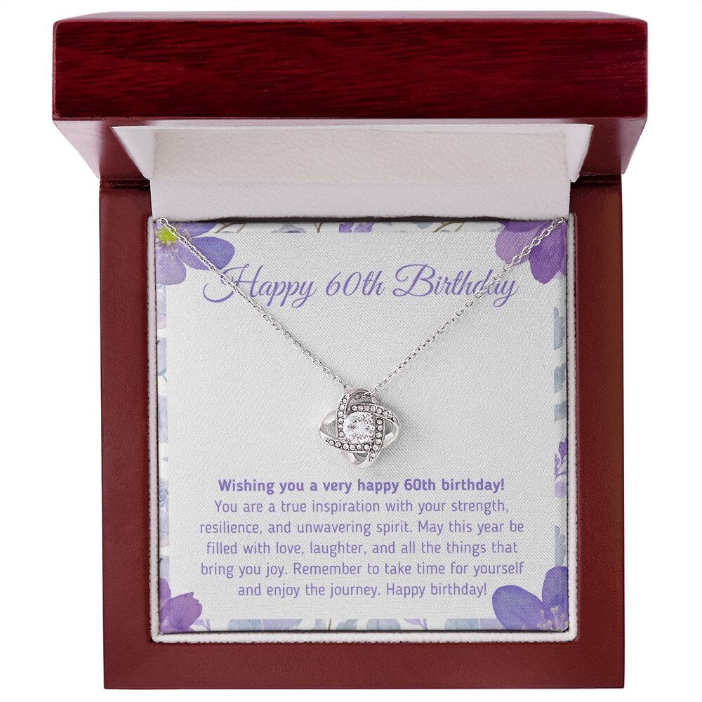 Beautiful "Happy 60th Birthday - You Are A True Inspiration" Knot Necklace Jewelry 14K White Gold Finish Mahogany Style Luxury Box (w/LED)